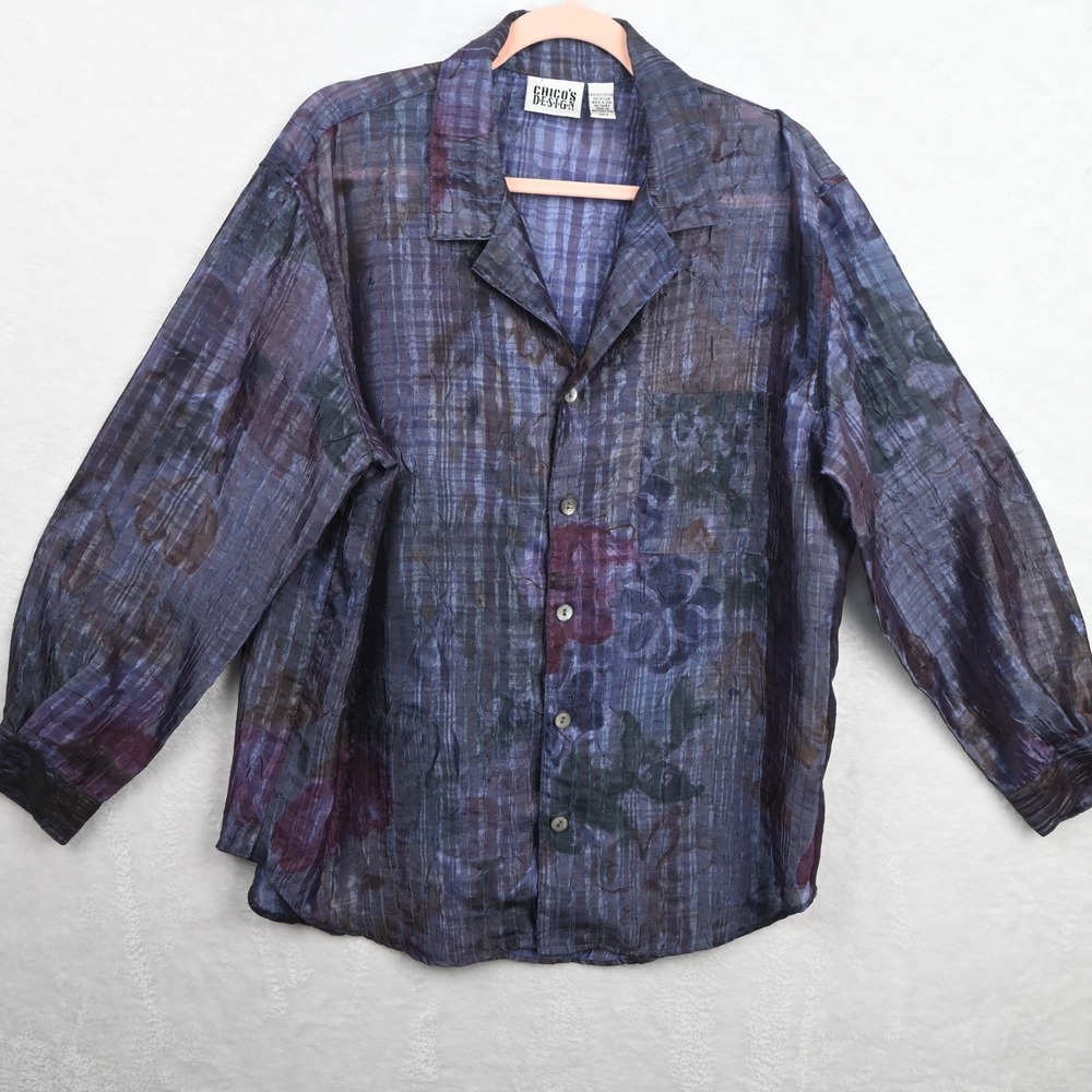 Chico's Design Button Up Shirt Womens L/12 Blue Floral Sheer Crinkle Made in USA